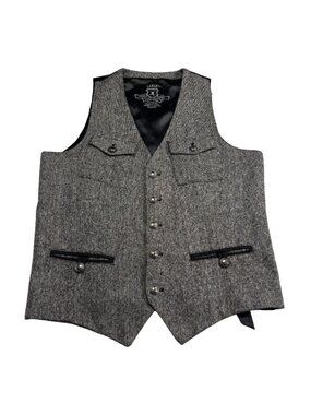 Mens Gray Tweed Button-Up Vest With Satin Back & Adjustable Strap Large